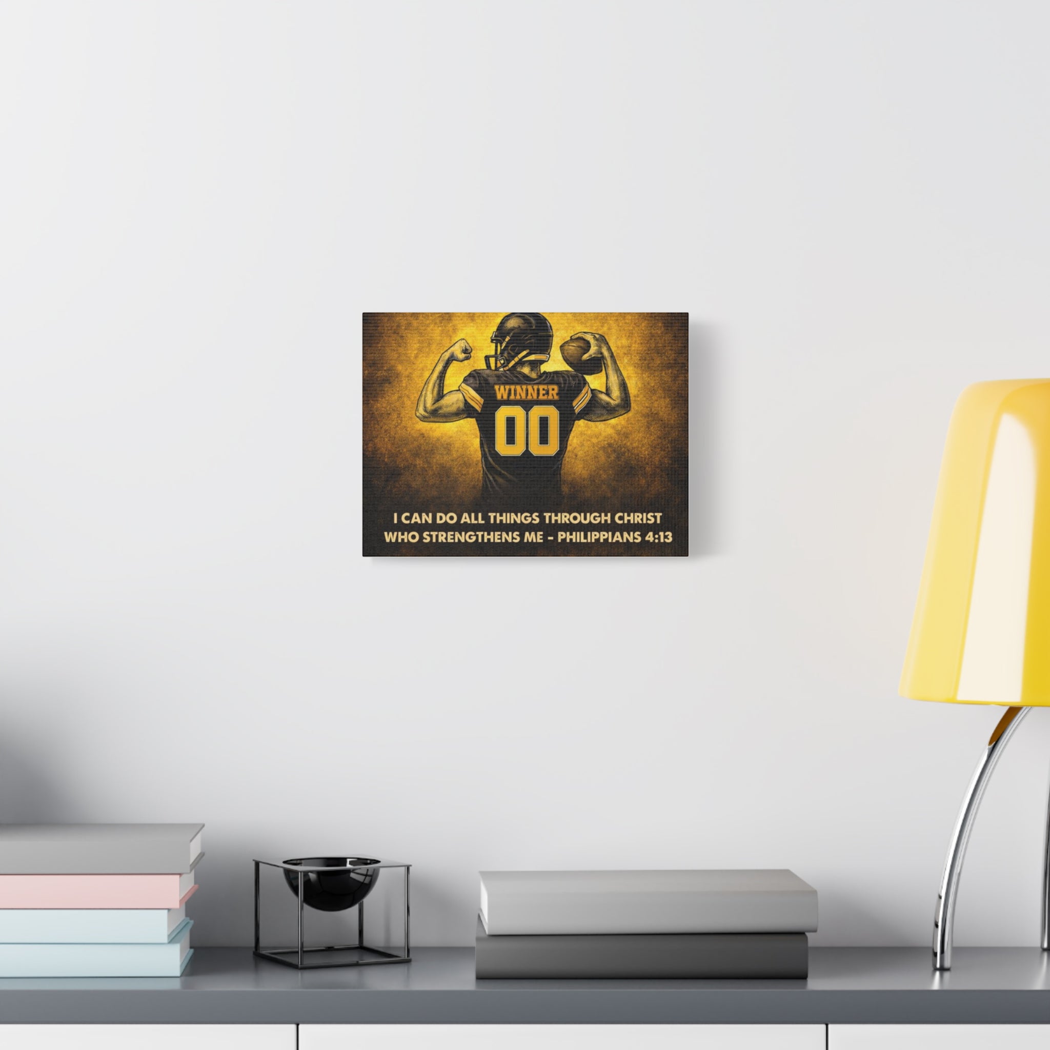 Christian Football Wall Art Canvas – Black & Gold Faith Decor | Philippians 4:13 Scripture | Midwest Football Home Art