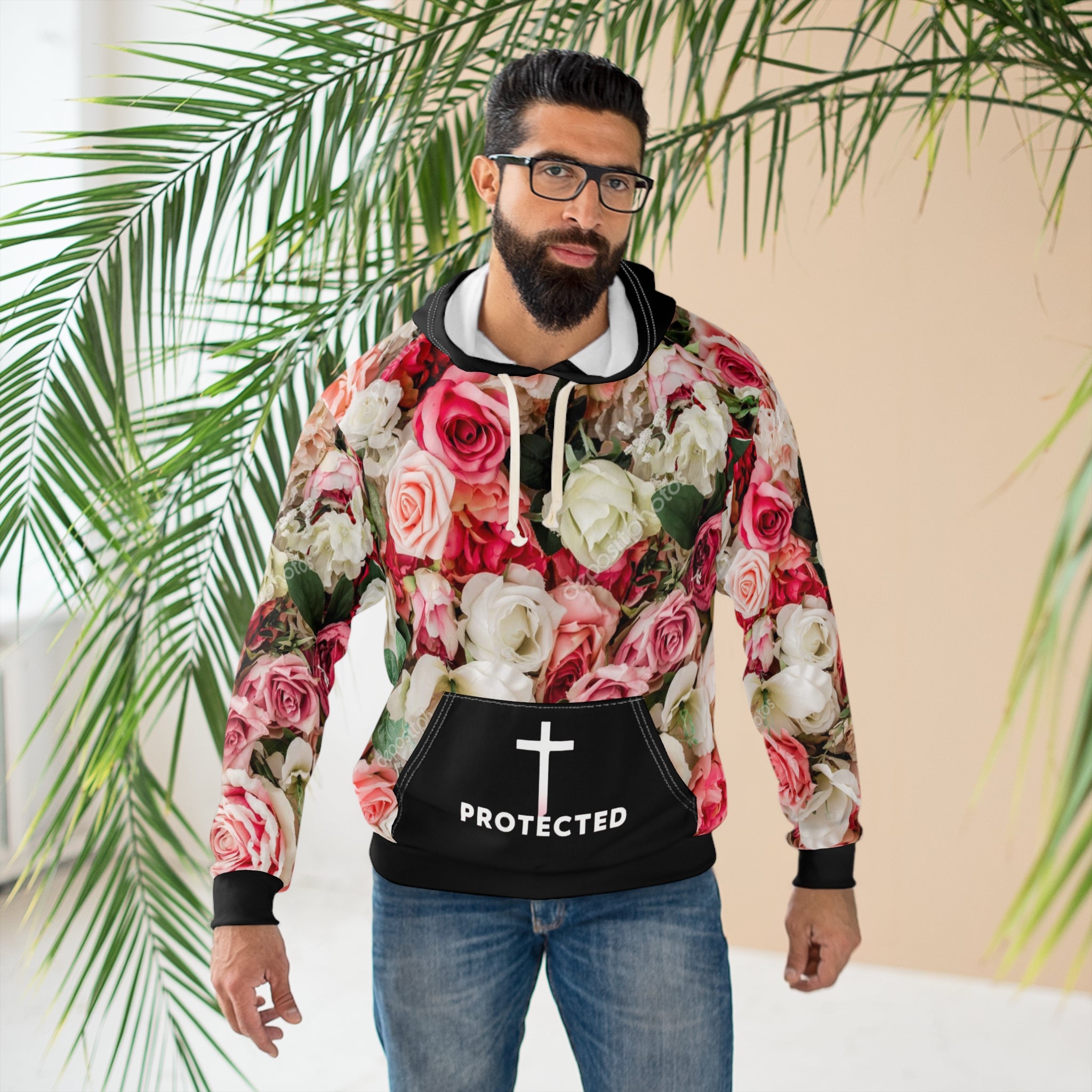 Christian Floral Hoodie “Protected” – Rose Flower Faith Hoodie with Cross | Inspirational Christian Sweatshirt
