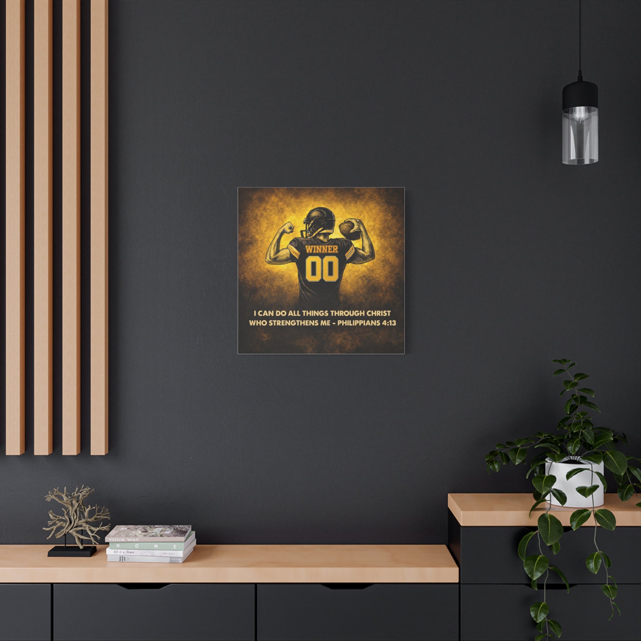 Christian Football Wall Art Canvas – Black & Gold Faith Decor | Philippians 4:13 Scripture | Midwest Football Home Art