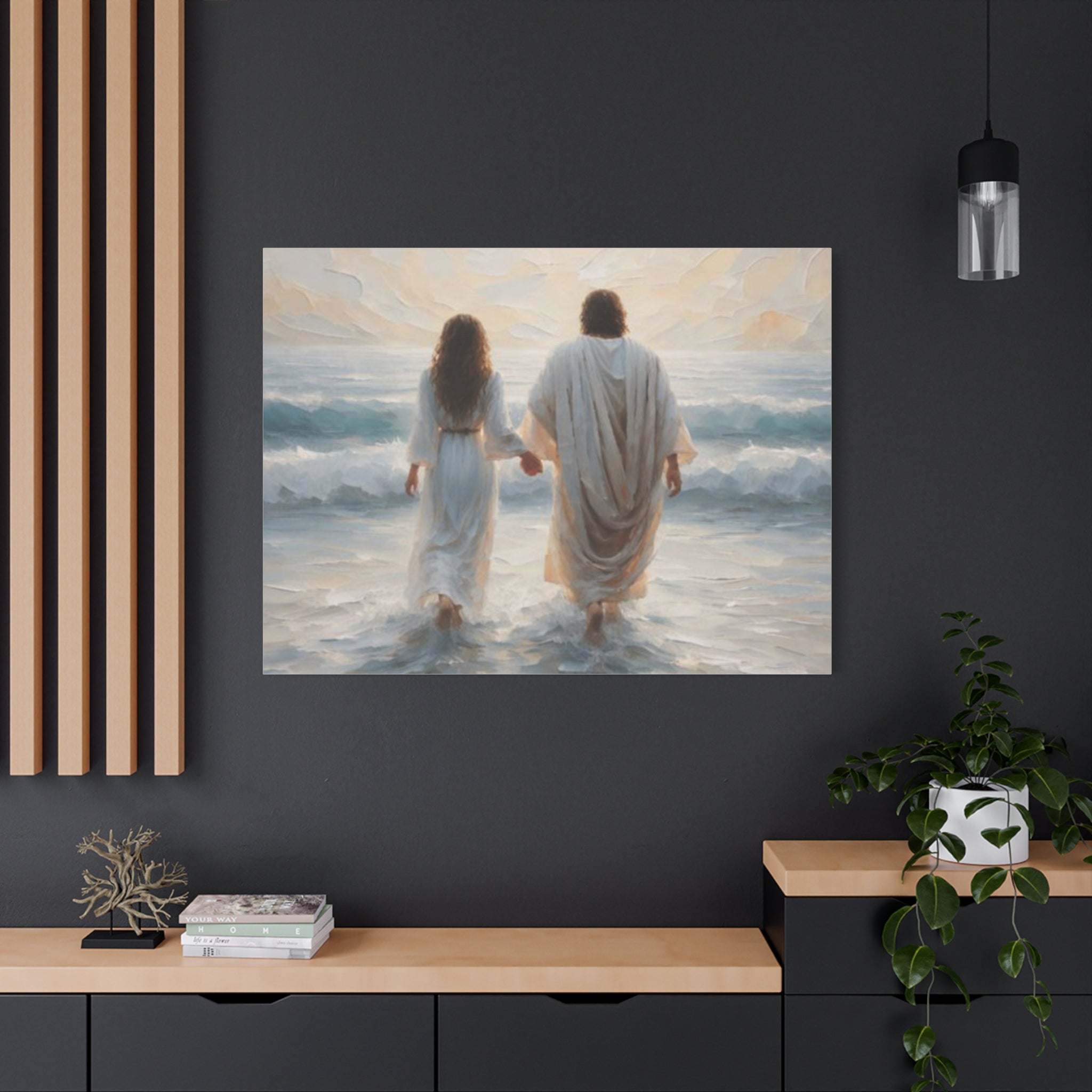 Jesus Walking on Water Canvas Wall Art – Christian Coastal Faith Artwork | Inspirational Christian Home Décor