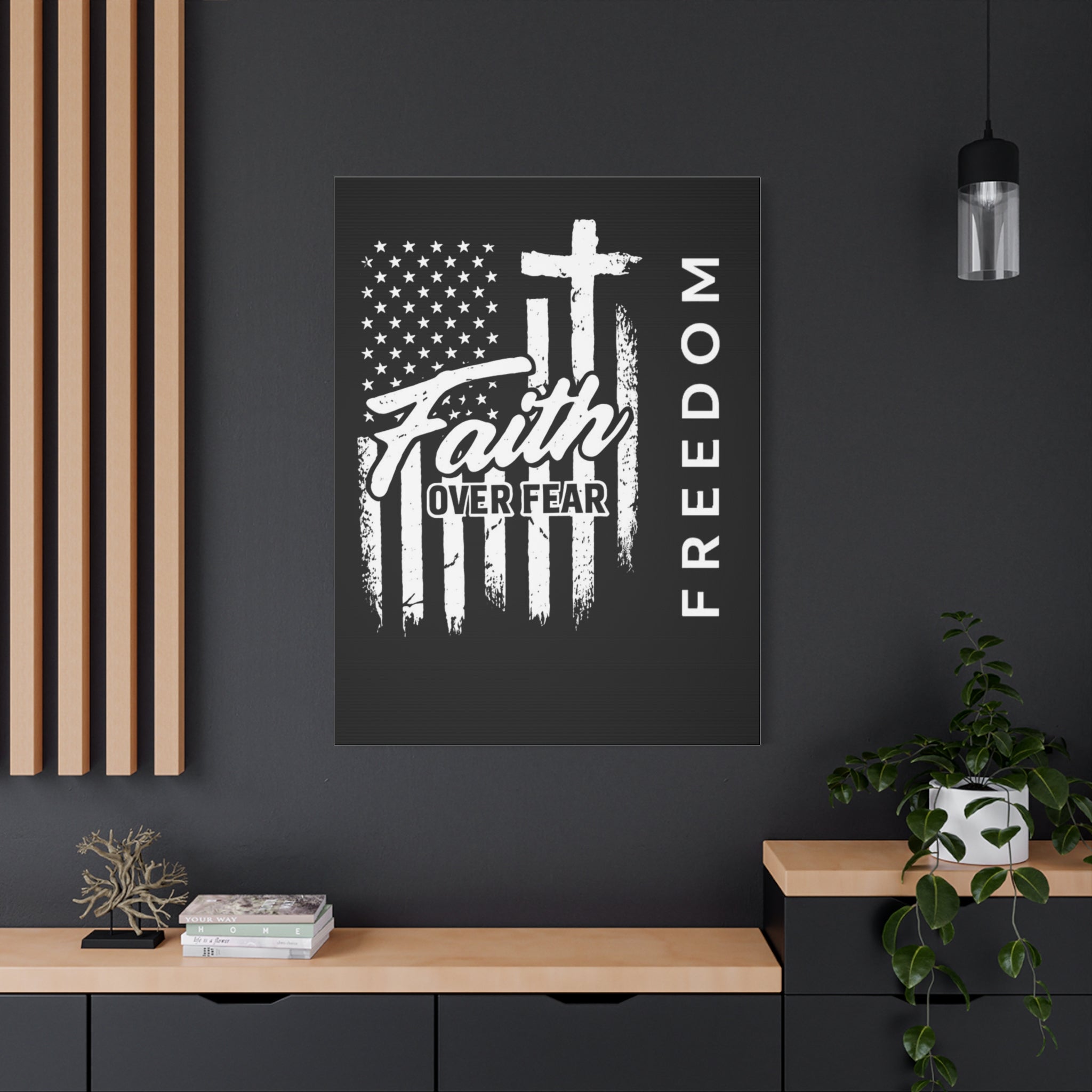 Faith Over Fear Freedom Canvas Wall Art – Christian American Flag Cross Decor for Home, Office, or Church