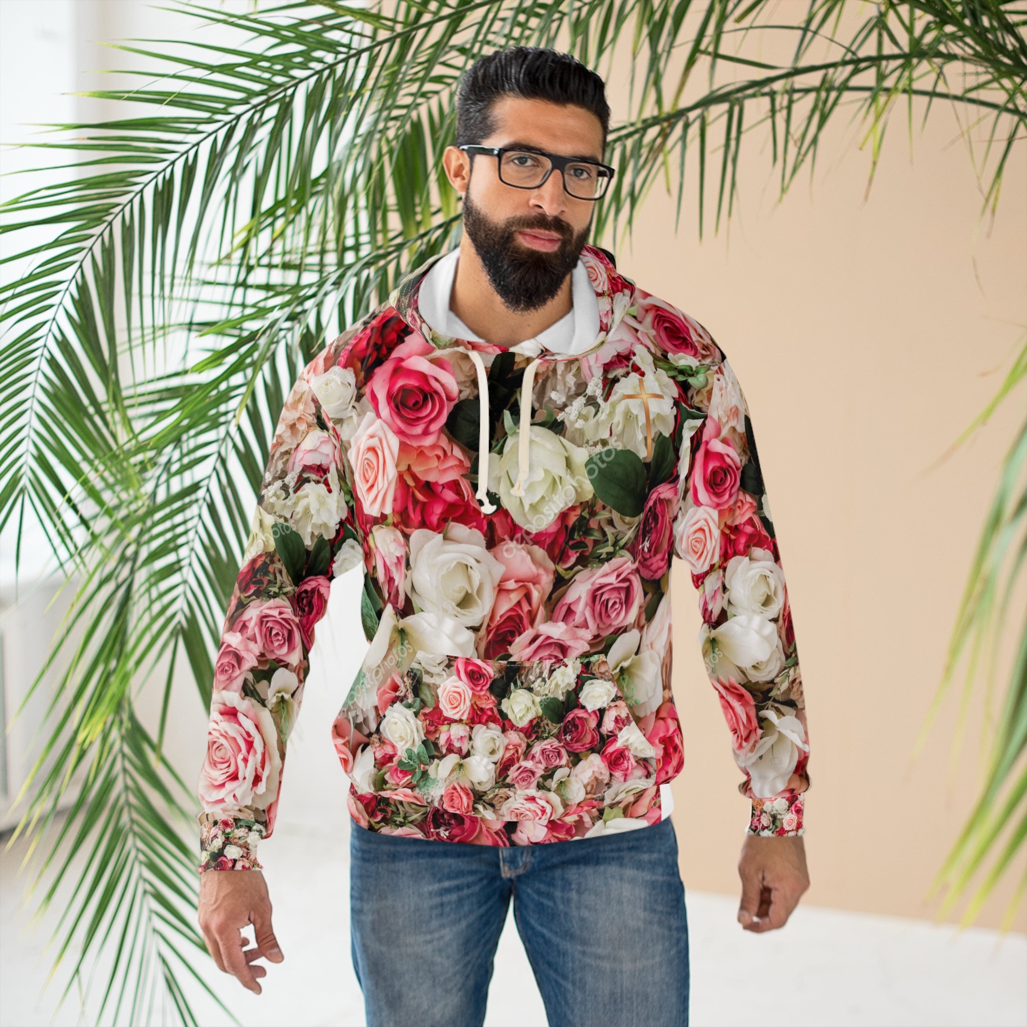 Christian Pink Rose Floral Sweatshirt with Copper Cross – Cozy Faith-Inspired Women’s Loungewear | Faith & Home Co