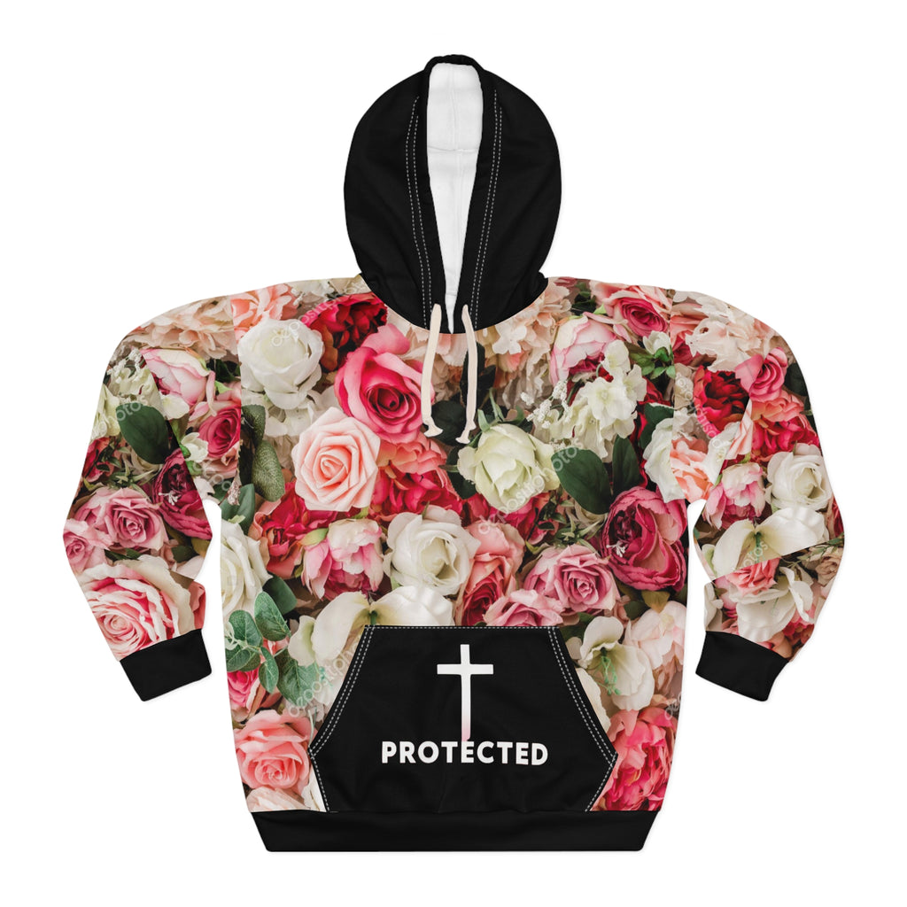 Christian Floral Hoodie “Protected” – Rose Flower Faith Hoodie with Cross | Inspirational Christian Sweatshirt