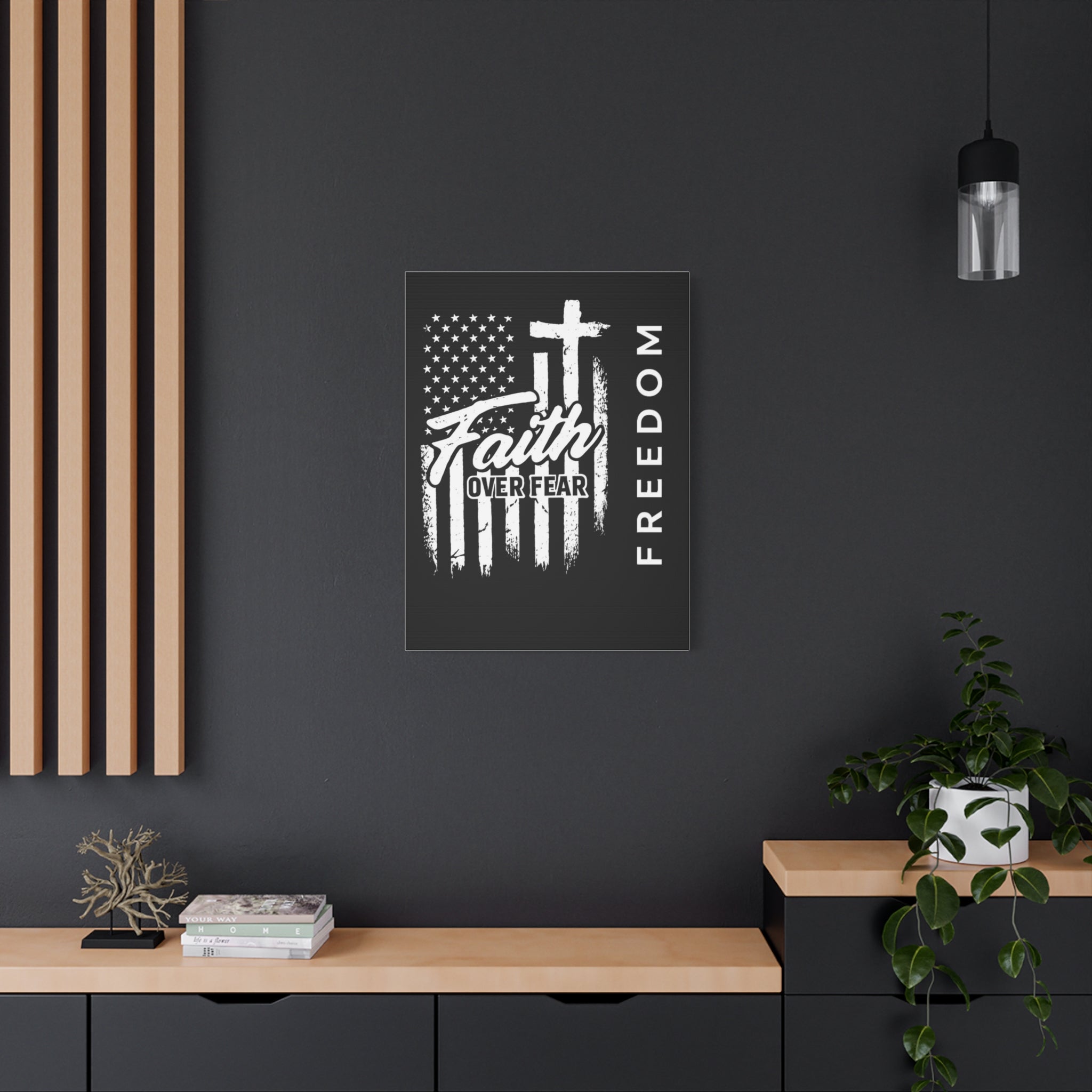 Faith Over Fear Freedom Canvas Wall Art – Christian American Flag Cross Decor for Home, Office, or Church